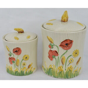 Vintage Lefton Poppy Garden Ceramic Canisters Set 2 Japan Floral Wheat Jars